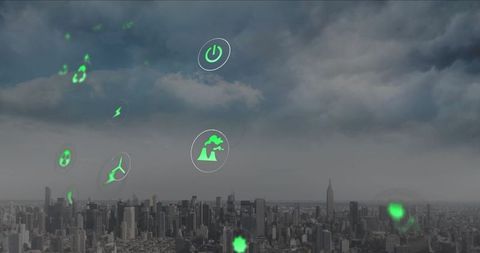 Futuristic green energy icons visible in city skyline