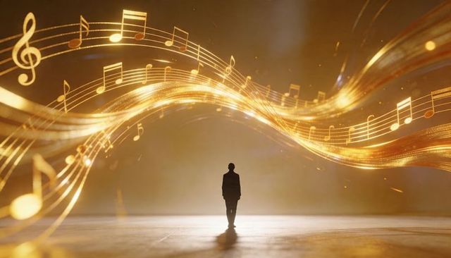 Silhouetted man standing beneath flowing golden musical ribbon with glowing notes