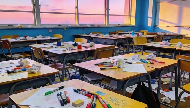 Sunset-lit classroom showing scattered markers, crumpled papers and colorful student desks