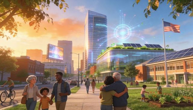 Multigenerational urban community embracing near green roof solar-powered cityscape sunset