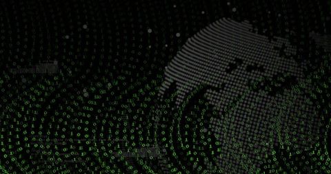 Matrix-Style Glowing Binary Code Over Dot Matrix Globe