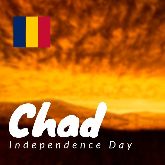 Digital composite image of chad independence day text and national flag with majestic scenic view. Patriotism, celebration, freedom and identity concept.
