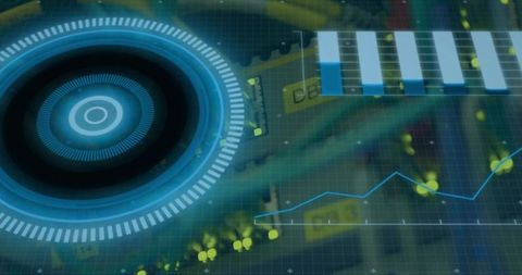 Futuristic Blue HUD Analytics Dashboard Showing Circular Dial, Bar and Line Charts