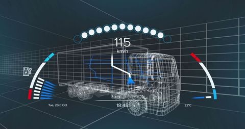 Futuristic semi-trailer truck digital simulation interface