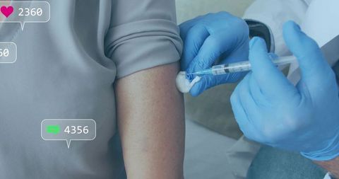 Clinician administering injection while icons show social media reaction