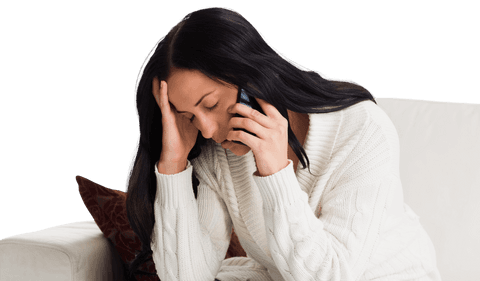 Stressed Woman Holding Phone Showing Transparent Distress