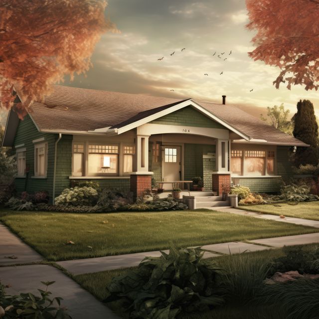Green bungalow with lawn in estate, created using generative ai technology - Download Free Stock Photos Pikwizard.com