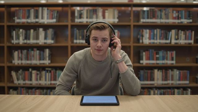Listening and studying with headphones in library: young student focusing on tablet