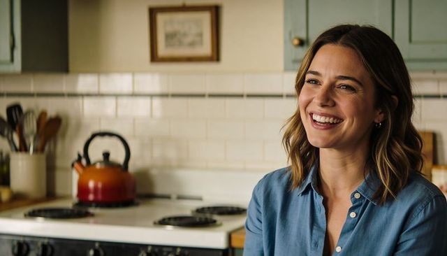 Smiling woman in blue button-up shirt enjoying cozy kitchen with orange kettle