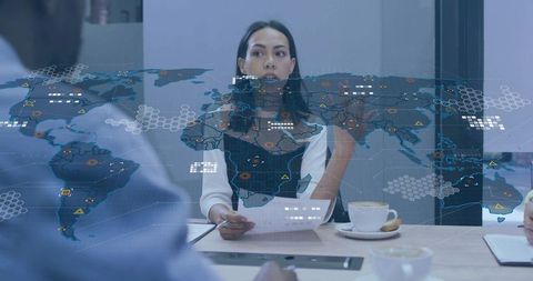 Businesswoman Presenting Report with Holographic World Map
