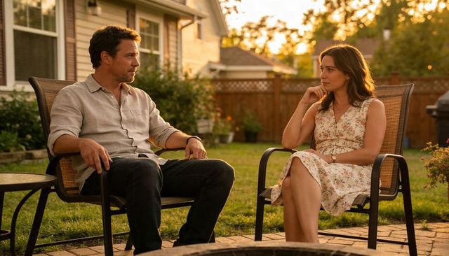 Couple sitting in backyard sharing quiet evening conversation by fire pit