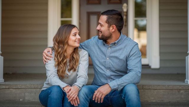 Affectionate Couple Relaxing Together on Cozy Home Porch Steps