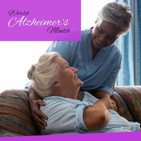 World alzheimer's month with caring nurse and senior woman sharing a moment