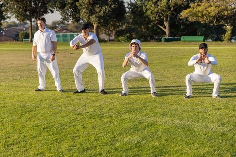 Cricket team practicing fielding drills on sunlit grass pitch with players in white kit