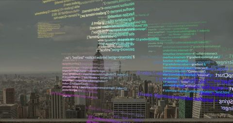 Digital code overlay on urban city skyline