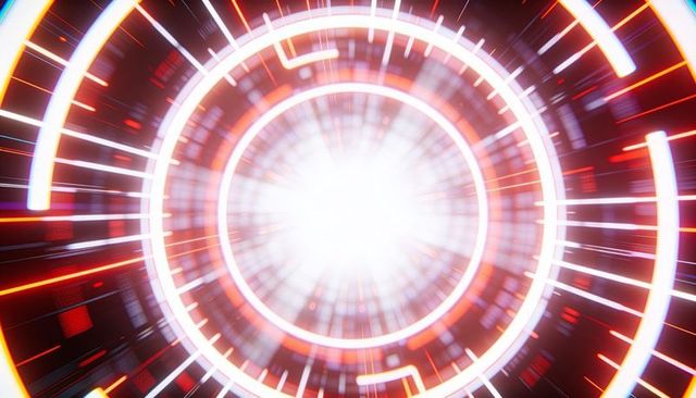 Rotating neon energy portal with concentric glowing rings and radiant core futuristic tech
