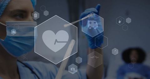 Female clinician holding swab interacting with augmented reality medical hex interface