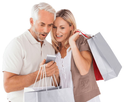 Caucasian couple with shopping bags using smartphone on transparent background