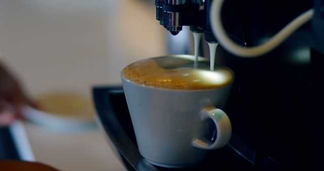 Close-up of coffee machine brewing cappuccino with frothy milk. Ideal for illustrating coffee-related articles, barista training materials, coffee shop promotions, or blogs about coffee culture.