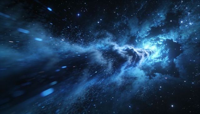Twisting blue nebula vortex emitting streaks of light with luminous core and cyan glow