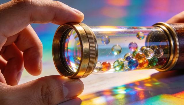 Brass kaleidoscope tube revealing colorful glass marbles and prism rainbow caustics