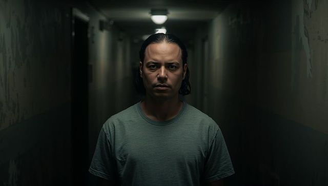 Man standing in dim peeling hallway facing camera under single bare ceiling light