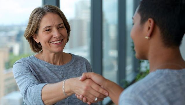 Smiling professional shaking hands with colleague in modern office with skyline view