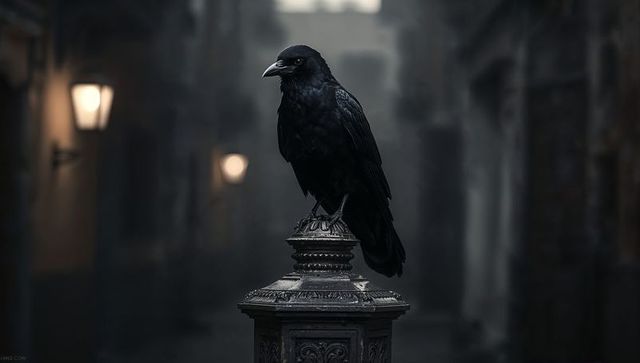 Black Crow Perching on Metal Pedestal in Dark Cobblestone Alley