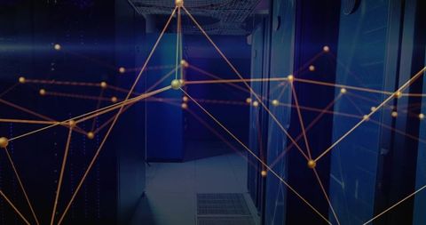 Data center server racks connecting via glowing network nodes overlay in blue corridor