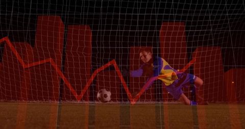 Goalkeeper Diving to Block Shot Under Data Analysis Overlay