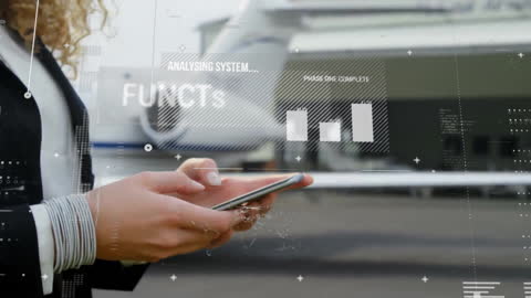 Businesswoman Using Smartphone Analyzing Data Near Private Jet