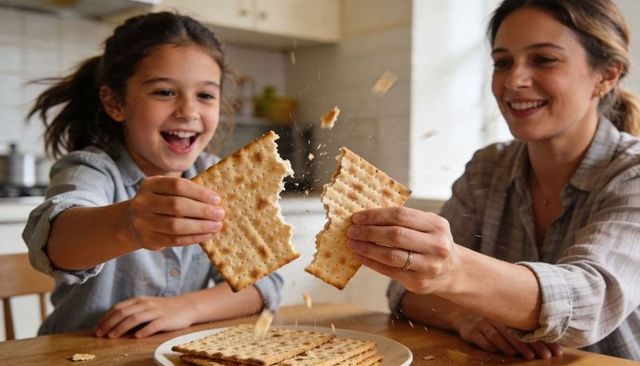 Laughing mother and daughter breaking crackers at kitchen table, sharing joyful bond