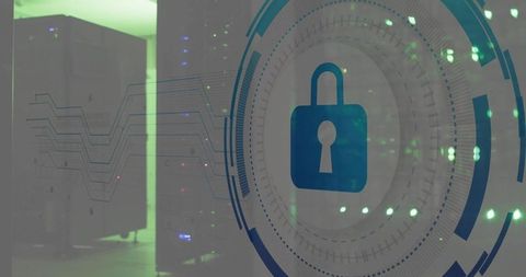 Blue Digital Padlock Overlay Securing Data in Modern Server Room with Circuitry and LED Reflections