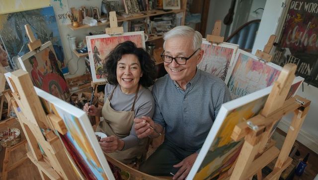 Smiling senior couple painting in bright art studio with easels and colorful canvases