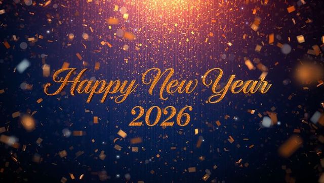 Happy new year 2026 gold glitter text falling confetti sparkling lights celebration