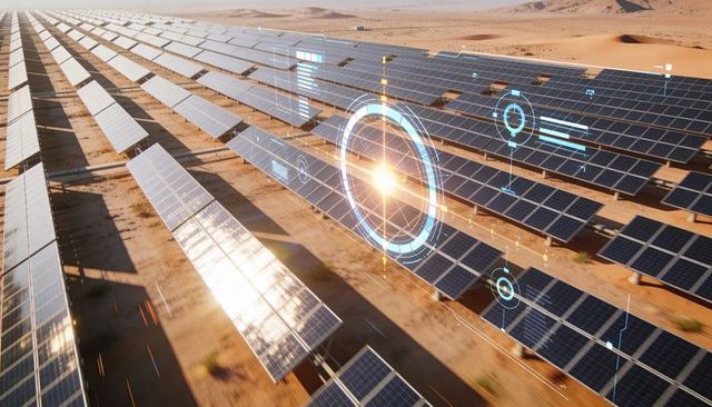 Solar Farm Rows Displaying HUD Overlay Over Desert Photovoltaic Array for Smart Monitoring