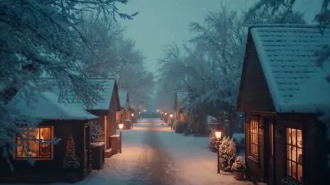 Twilight Snowfall in Quaint Winter Village