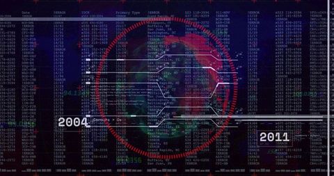 Cyber Threat Monitoring HUD Scanning Globe Over Timeline 2004–2017 with Data Overlay