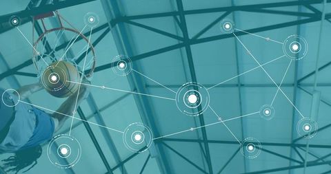 Leaping basketball player with braids dunking, sports analytics network overlay in arena