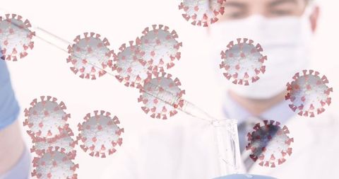 Scientists Researching Virus with Pipette and Coronavirus Symbols