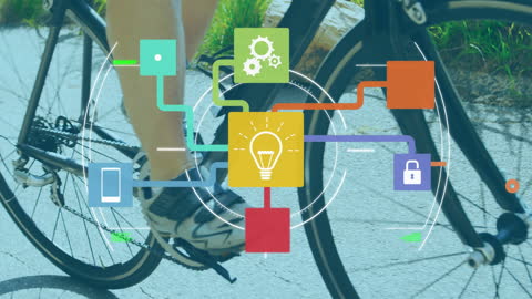 Cyclist in Motion with Digital Network Overlay