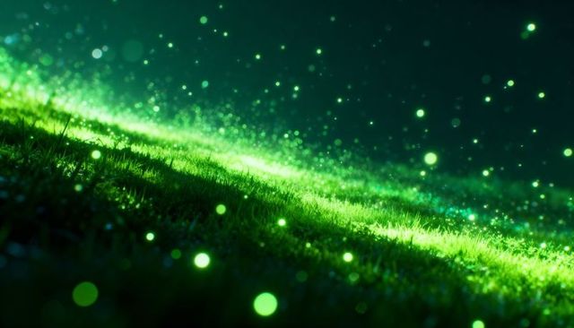 Bioluminescent meadow at night glowing grass ridge with sparkling bokeh and dew