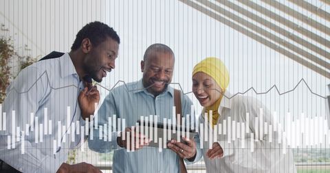 Diverse Team Analyzing Digital Financial Data on Tablet