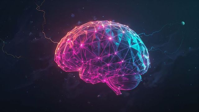 Neon digital brain mesh in futuristic space concept