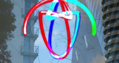 Neon trails over reflective urban skyline