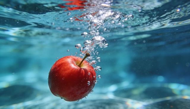 Glossy red apple floating underwater releasing bubbles with caustic light