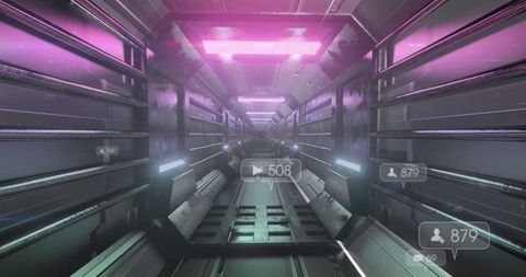 Futuristic neon tunnel with social media elements
