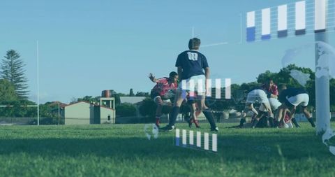 Rugby player number 10 watching ruck with augmented analytics overlay on pitch