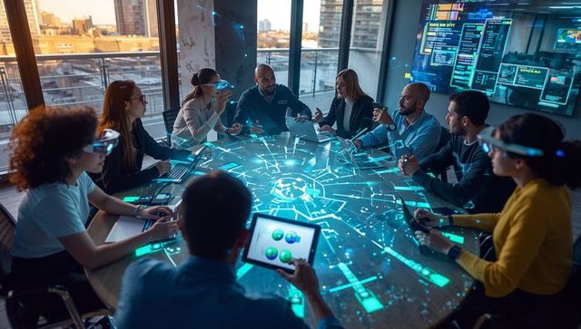 Multidisciplinary Team Collaborating Around Augmented Reality Table With Smart Headsets