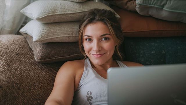 Woman Working from Cozy Living Room with Laptop
